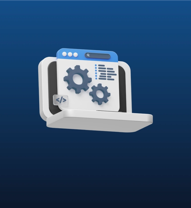 Laptop con interfaz de desarrollo web, tuercas y símbolos de código - Servicio de Mantenimiento Web
