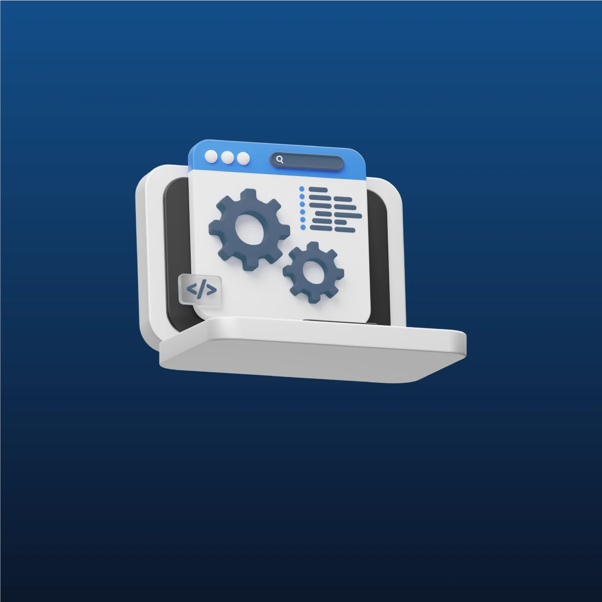 Laptop con interfaz de desarrollo web, tuercas y símbolos de código - Servicio de Mantenimiento Web