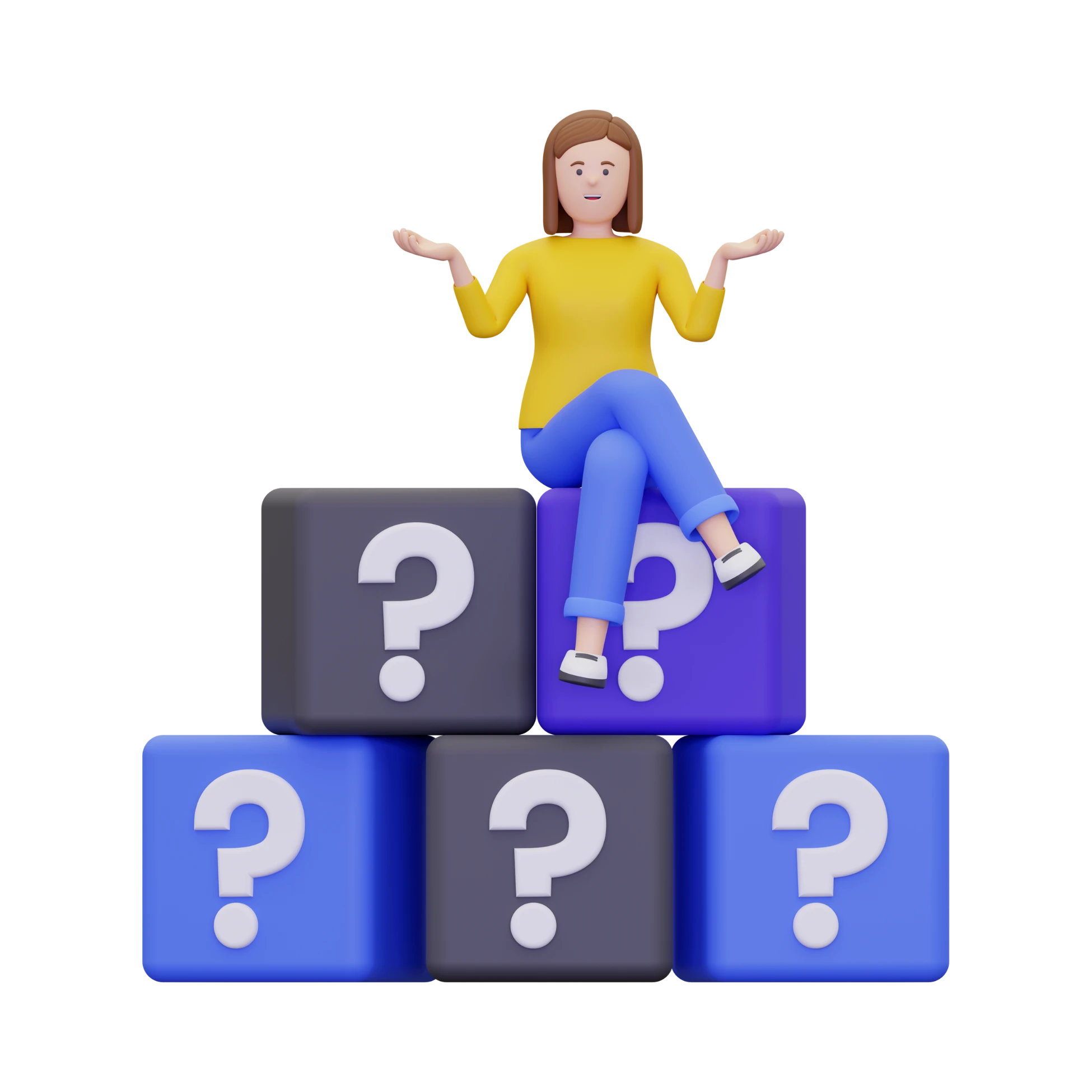 Mujer sobre torre de cubos con signos de interrogación - Toma de decisiones informada