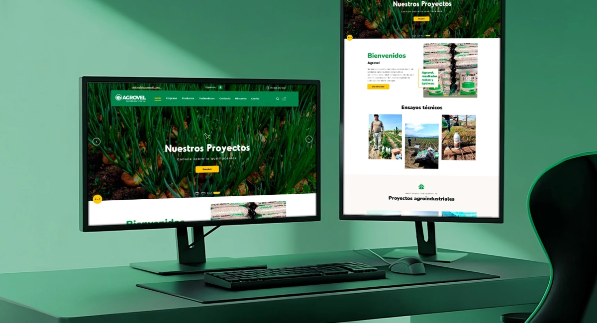 Mockup profesional de diseño web para Agrovel mostrado en doble monitor con paleta de colores corporativos