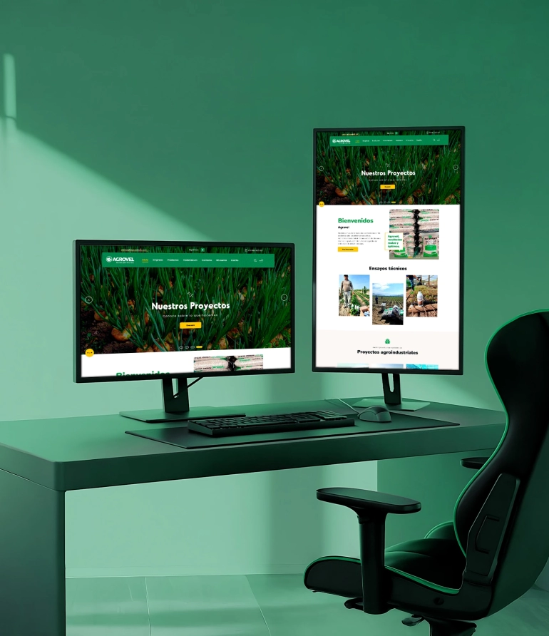 Mockup profesional de diseño web para Agrovel mostrado en doble monitor con paleta de colores corporativos