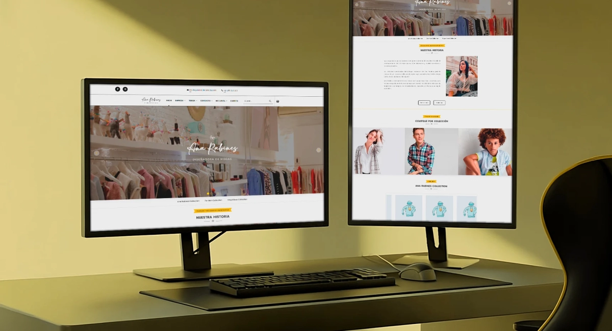 Portada del sitio web de Ana Rabines Moda con diseño elegante en tonos amarillos y negros