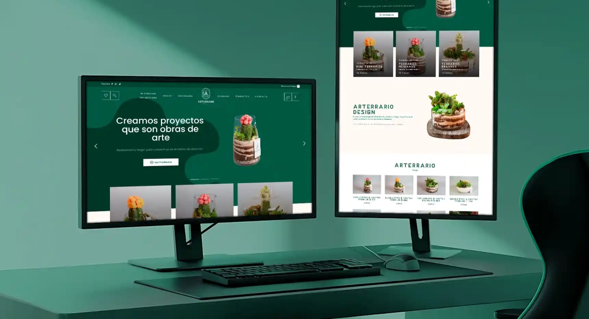 Portada del sitio one page de ArTerrario con diseño verde y naturaleza