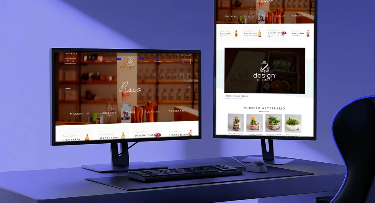 Portada del sitio web de Design Collections con diseño en azul eléctrico, mostrando licores y arreglos florales de lujo