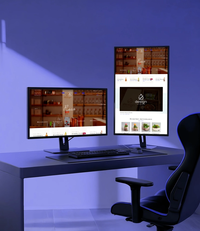 Portada del sitio web de Design Collections con diseño en azul eléctrico, mostrando licores y arreglos florales de lujo