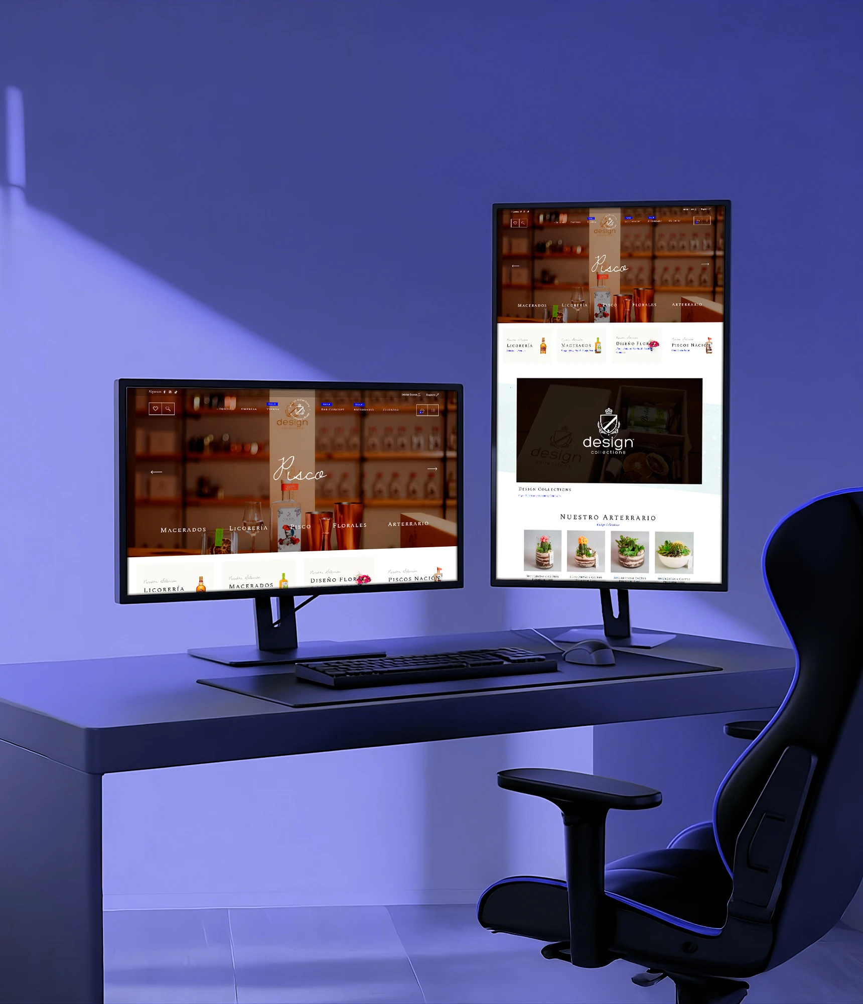 Portada del sitio web de Design Collections con diseño en azul eléctrico, mostrando licores y arreglos florales de lujo