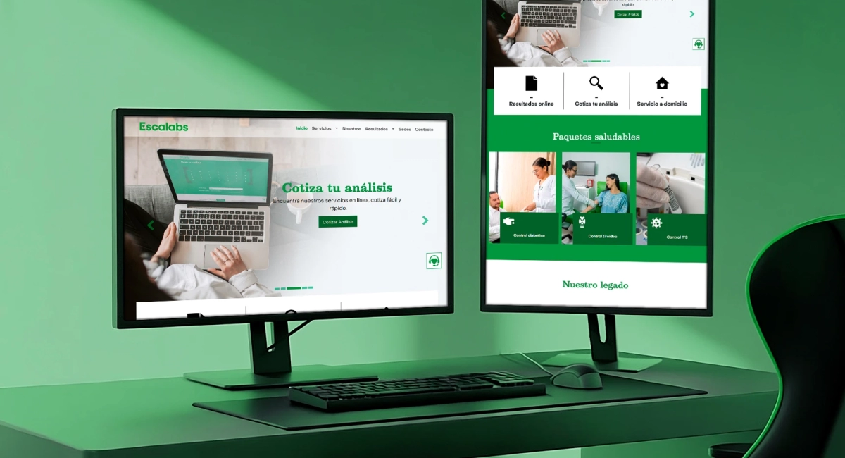 Página principal de Escalabs mostrando servicios de laboratorio clínico con diseño en verde claro