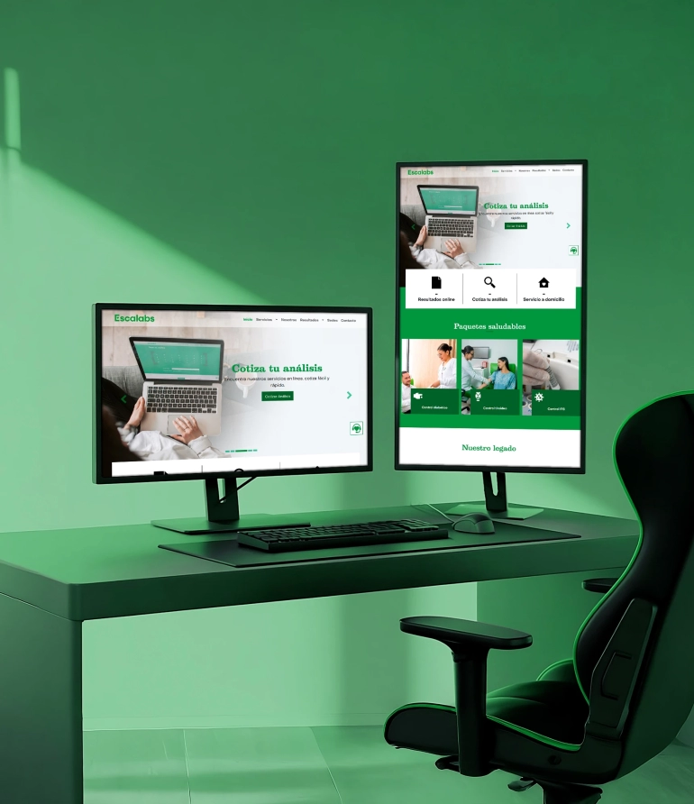 Página principal de Escalabs mostrando servicios de laboratorio clínico con diseño en verde claro