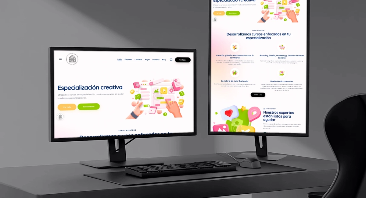 Página web de Espacio Creativo con diseño en gama de grises, mostrando información de talleres y eventos