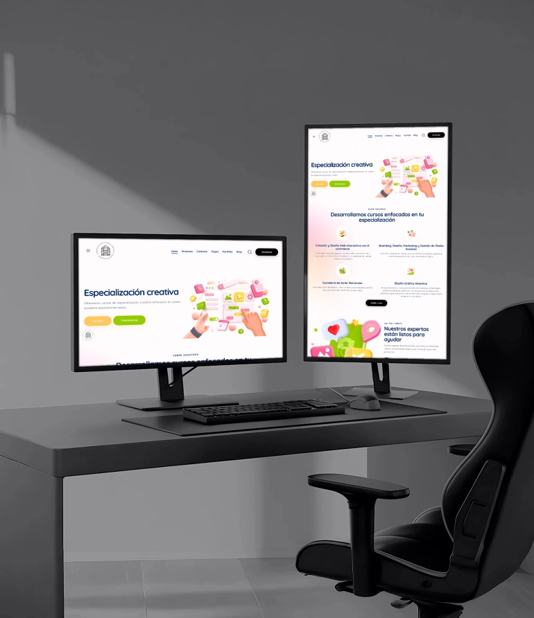 Página web de Espacio Creativo con diseño en gama de grises, mostrando información de talleres y eventos