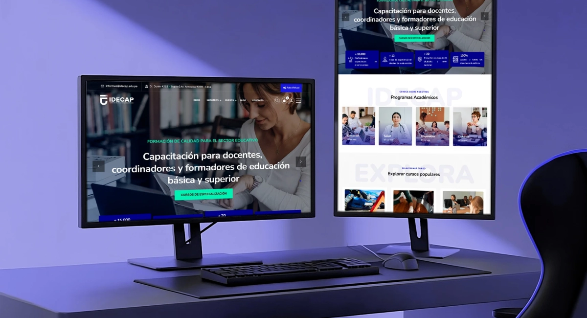 Página principal de IDECAP con diseño en azul vibrante, mostrando servicios de capacitación profesional y educación continua