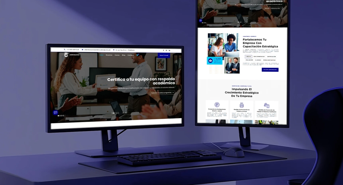 Página principal de IDECAP Corporativo con diseño en azul oscuro, mostrando servicios de capacitación empresarial