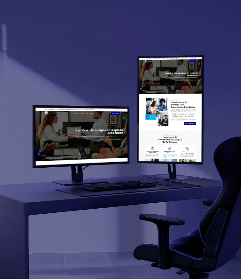 Página principal de IDECAP Corporativo con diseño en azul oscuro, mostrando servicios de capacitación empresarial