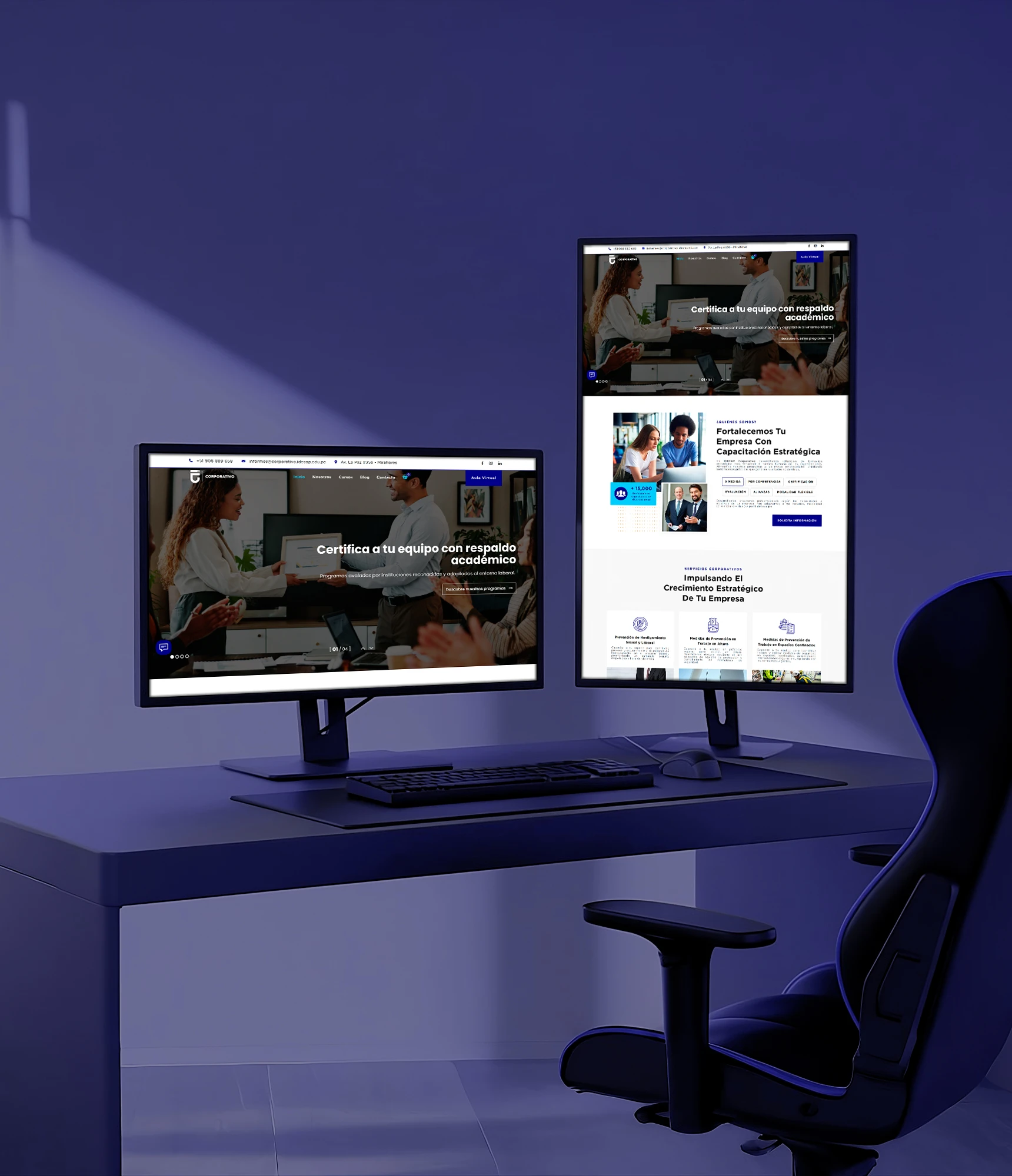 Página principal de IDECAP Corporativo con diseño en azul oscuro, mostrando servicios de capacitación empresarial