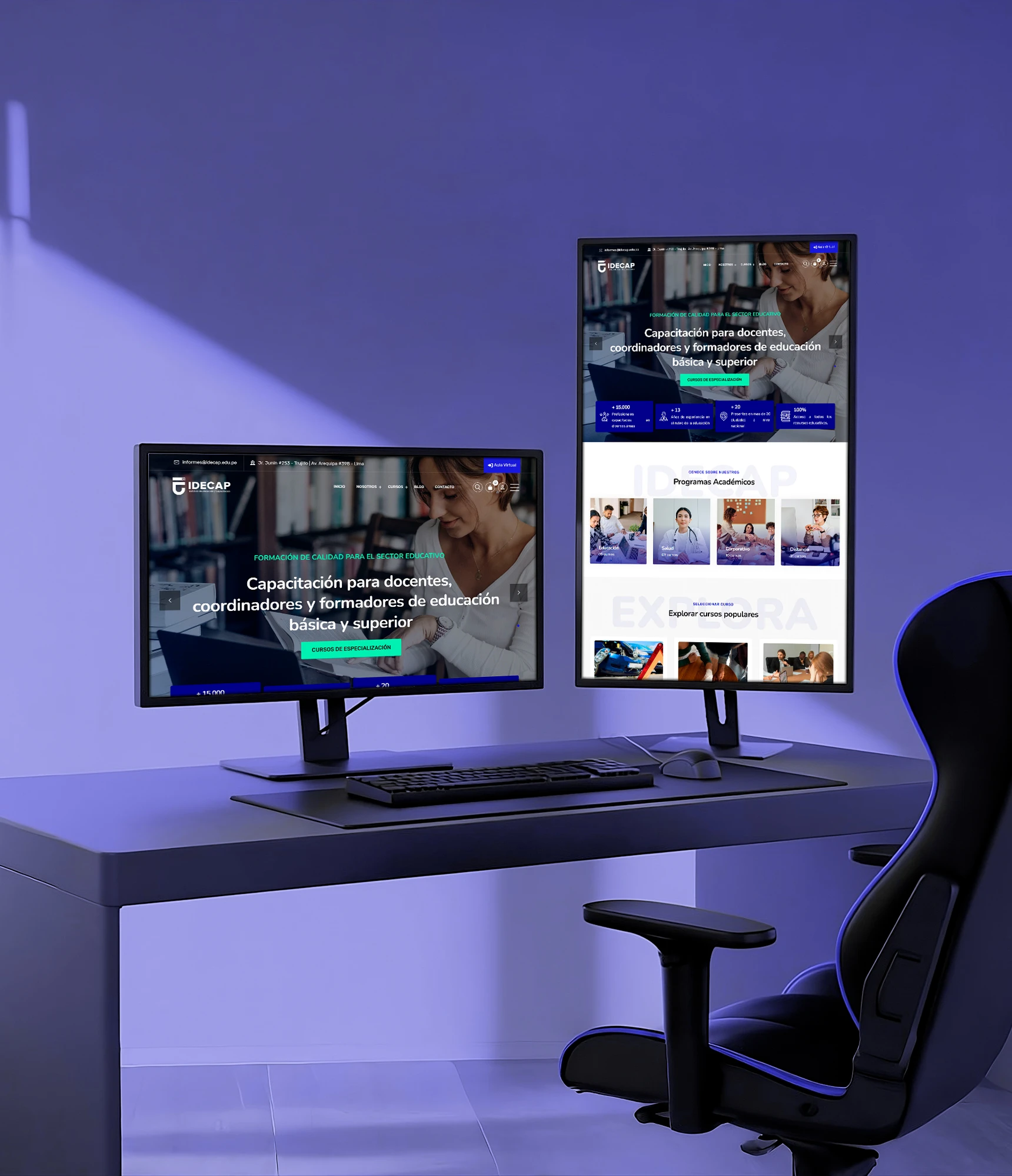 Página principal de IDECAP con diseño en azul vibrante, mostrando servicios de capacitación profesional y educación continua