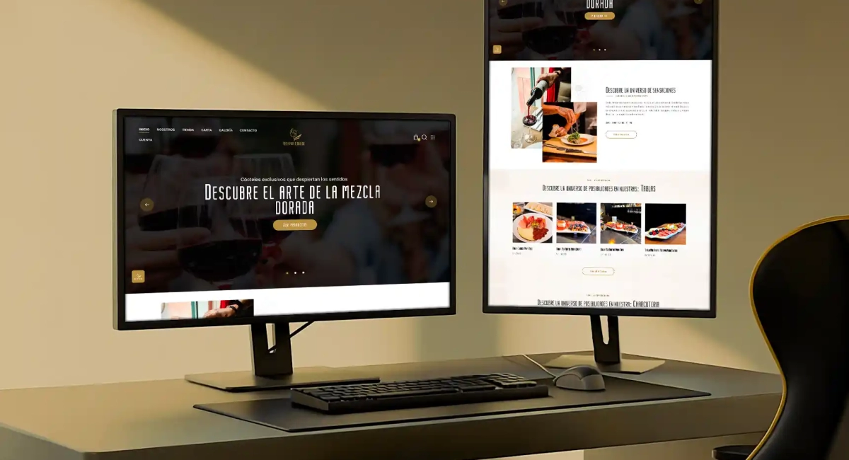 Página principal de Reserva Dorada con diseño en dorado, mostrando vinos, quesos y embutidos premium