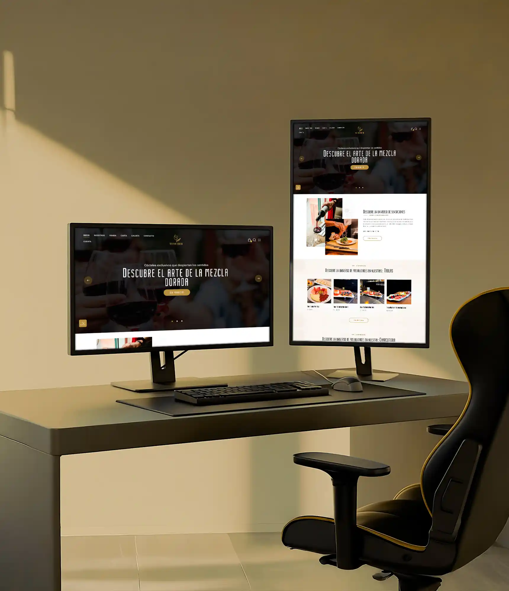 Página principal de Reserva Dorada con diseño en dorado, mostrando vinos, quesos y embutidos premium