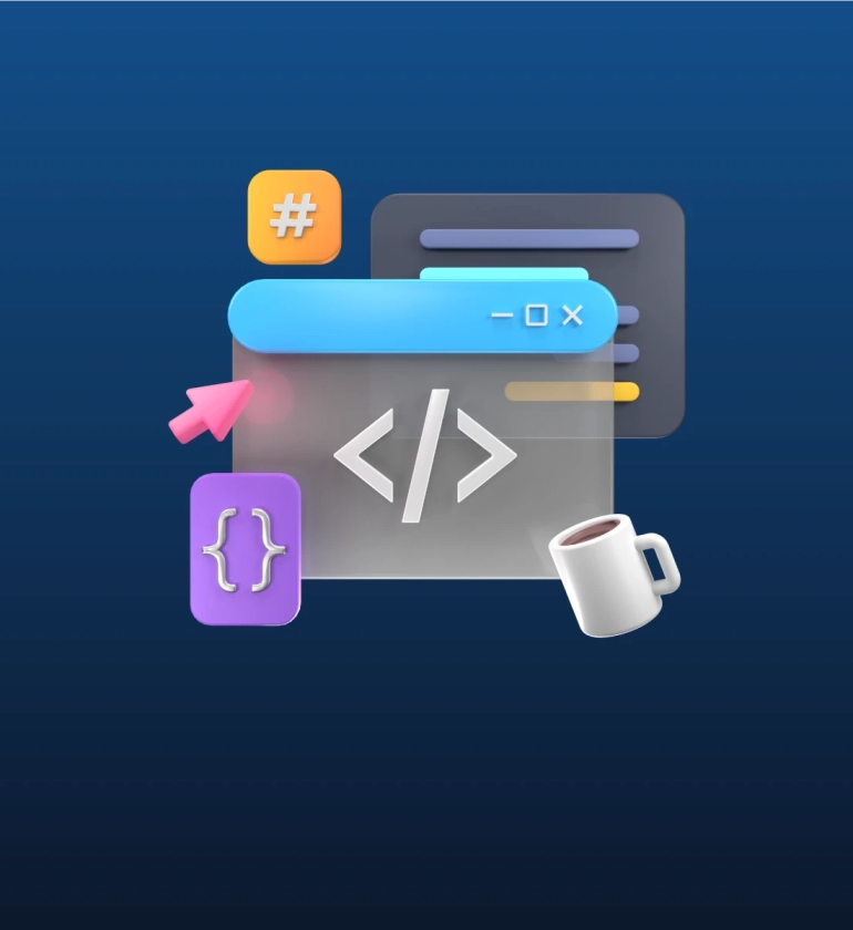 Iconos de código HTML, llaves {}, símbolo # y taza de café - Desarrollo de Plugins Personalizados
