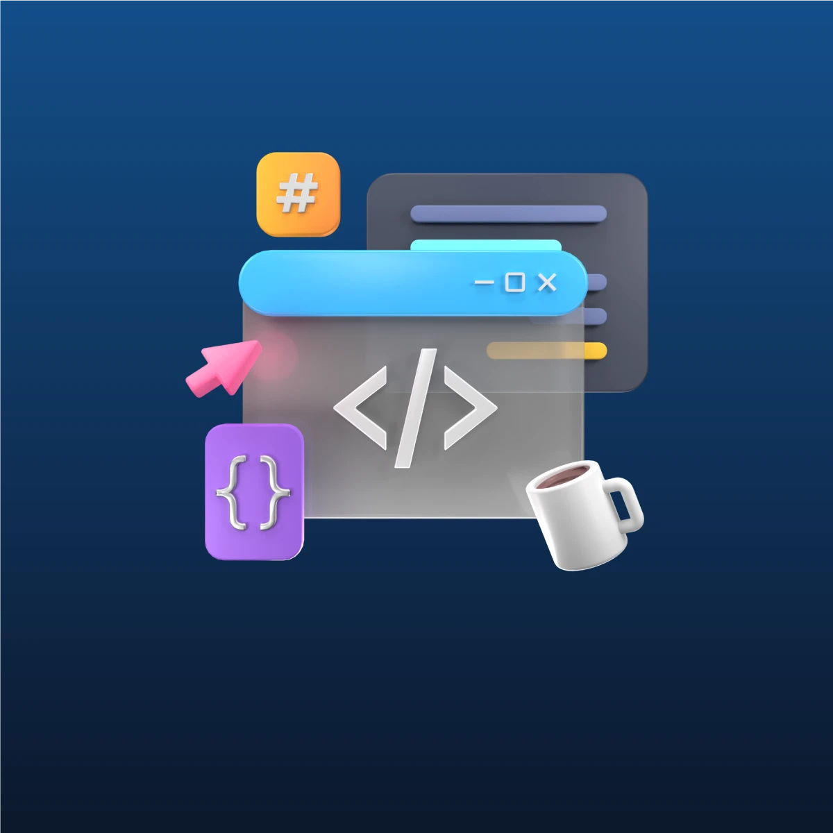 Iconos de código HTML, llaves {}, símbolo # y taza de café - Desarrollo de Plugins Personalizados