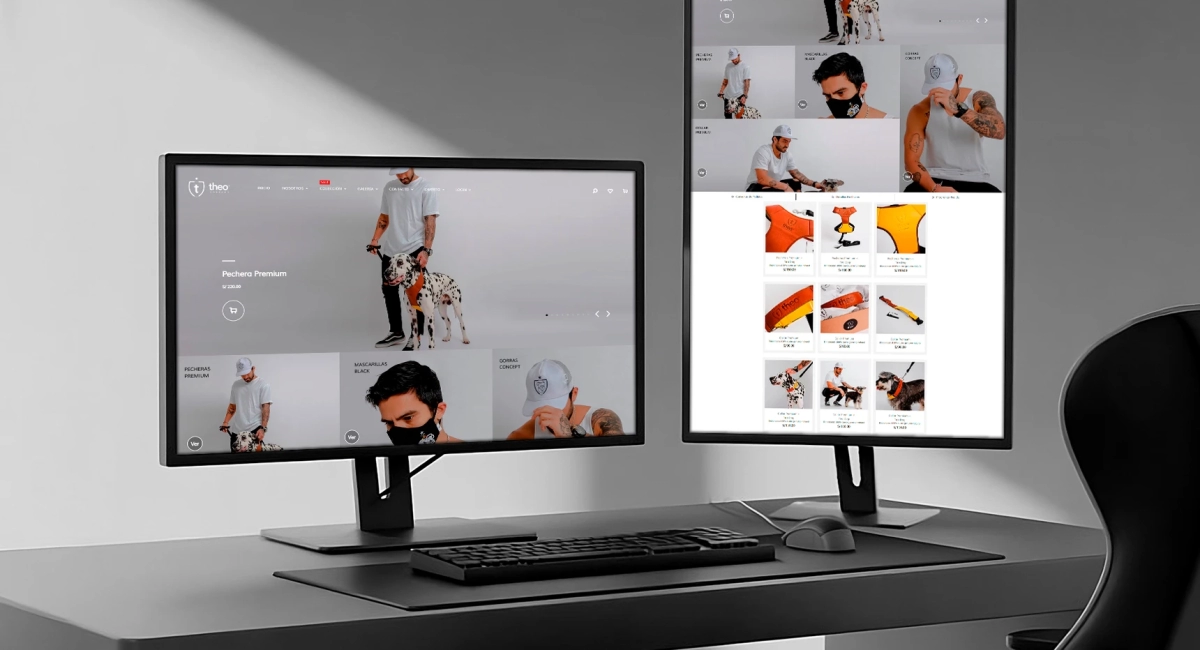 Página principal de Theo Concept con diseño en negro, mostrando accesorios para mascotas y dueños