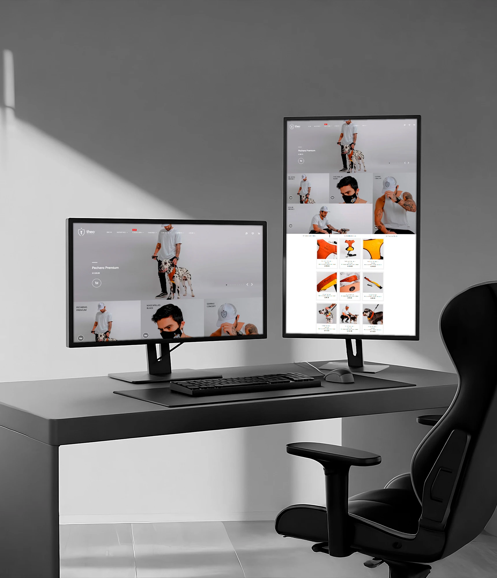 Página principal de Theo Concept con diseño en negro, mostrando accesorios para mascotas y dueños