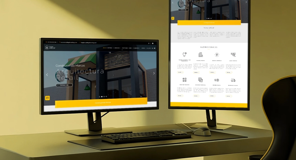 Página principal de TIGAL Group con diseño en amarillo y negro, mostrando servicios de consultoría, diseño y arquitectura