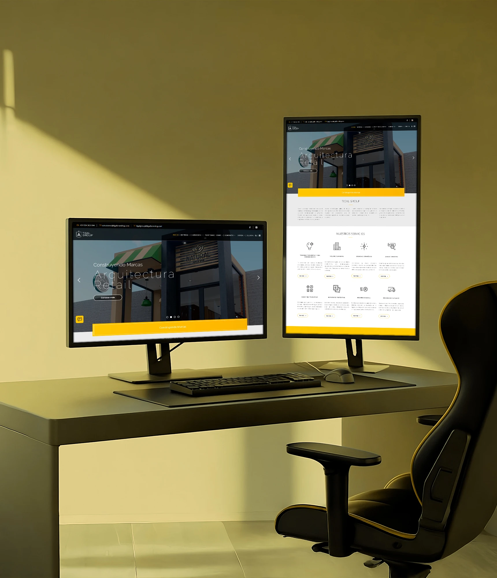Página principal de TIGAL Group con diseño en amarillo y negro, mostrando servicios de consultoría, diseño y arquitectura