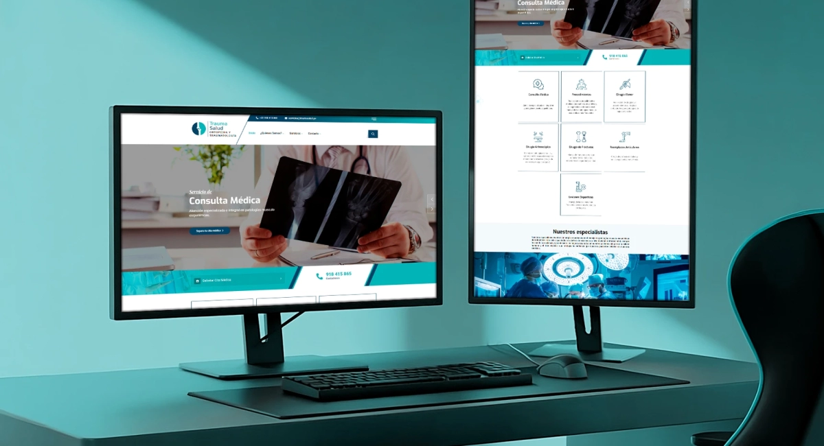 Página principal de Trauma Salud con diseño en verde agua, mostrando servicios de traumatología y rehabilitación