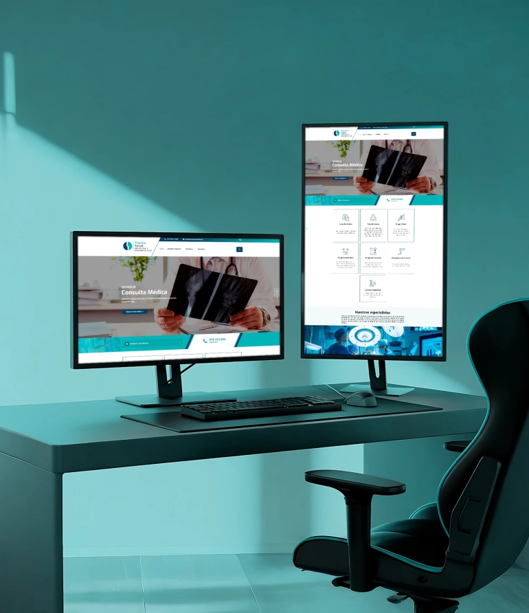 Página principal de Trauma Salud con diseño en verde agua, mostrando servicios de traumatología y rehabilitación