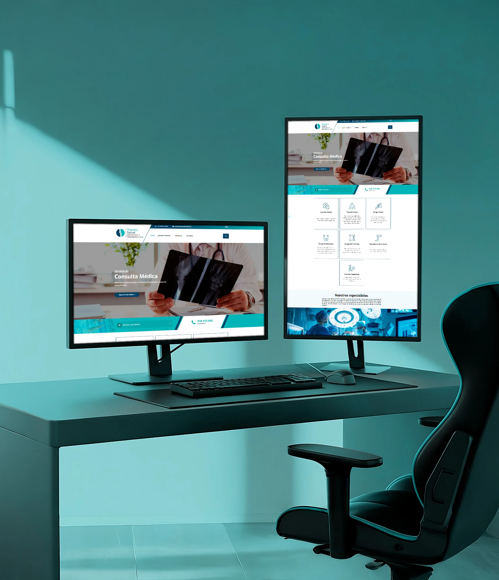 Página principal de Trauma Salud con diseño en verde agua, mostrando servicios de traumatología y rehabilitación